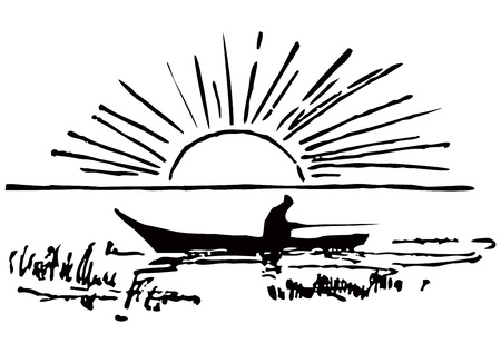 A fisherman in a boat. The rising sun. Vector illustration.のイラスト素材