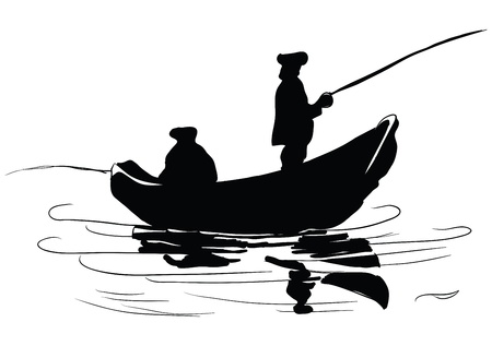 Fishermen in a boat. Fishing from a boat. Drawing made by hand. のイラスト素材