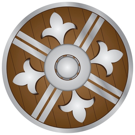 Wooden shield shaped and decorated with steel. Vector illustration.のイラスト素材