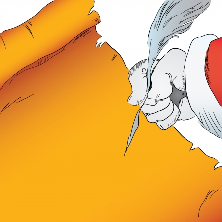 Hand writing with a quill pen on parchment. Vector drawing hand.のイラスト素材