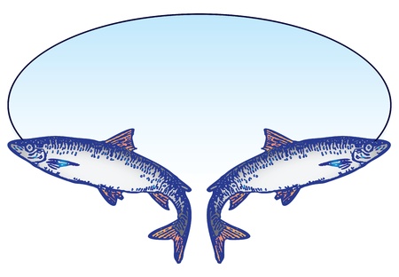 Fishing oval emblem with two fish. Vector illustration.のイラスト素材