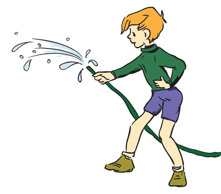 Hose for watering in the hands of a boy. Vector illustration.のイラスト素材