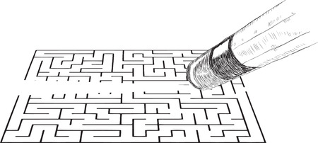 Office pencil with eraser erases the image of the labyrinth. Vector illustration.のイラスト素材