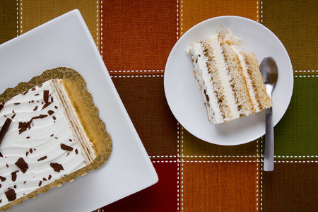 Tiramisu cake rectangular shape decorated with chocolate chips.