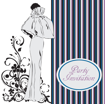 Card Invitation to a party with a woman in an evening dress. Vector illustration.のイラスト素材
