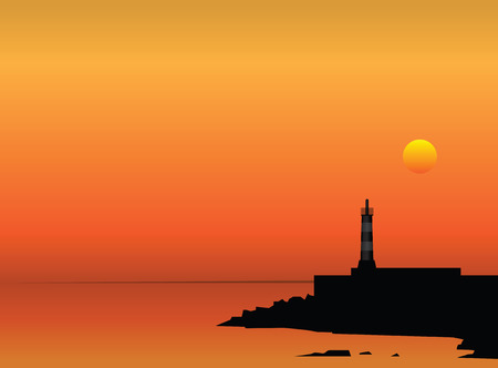 Lighthouse on the coast at sunset. Vector illustration.のイラスト素材