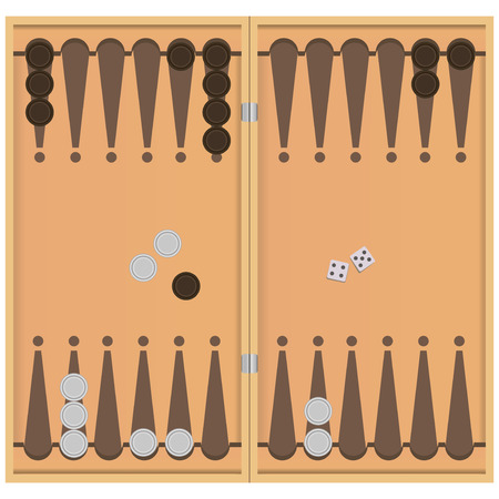 Backgammon on the wooden box, two dice and chips for the game. Vector illustration.のイラスト素材
