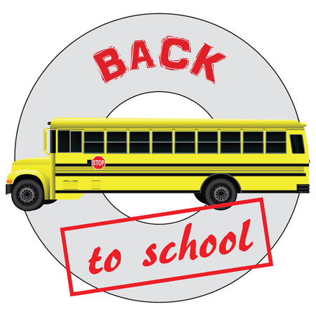 Character back to school and the school bus. Vector illustration.