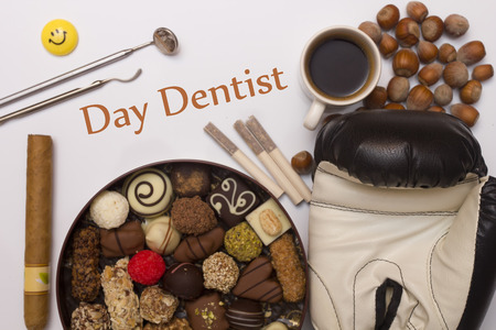 Objects and food providing dental work. Day Dentist.の写真素材