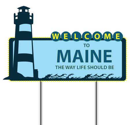 Road Stand Welcome to Maine, the lighthouse and the waves.のイラスト素材