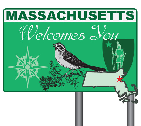 Massachusetts welcomes you. Road stand Massachusetts with elements and symbols of the state.のイラスト素材