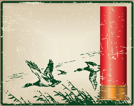 Old card for a hunter with a shotgun in the duck. Cartridges for the shotgun and flying ducks.のイラスト素材