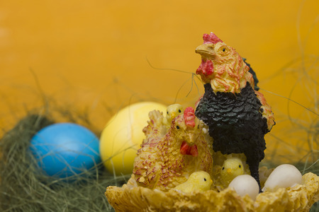 Easter Chicken Family on a wooden backgroundの写真素材
