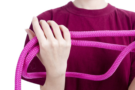 Raspberry rope in female hands on a white backgroundの写真素材