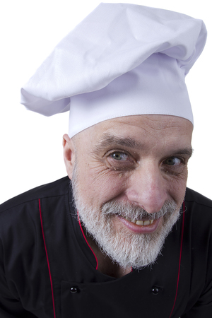 Bearded senior man cook on white backgroundの写真素材