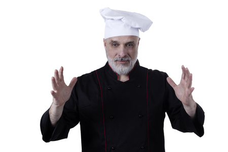 Bearded chef with raised hands on a white backgroundの写真素材