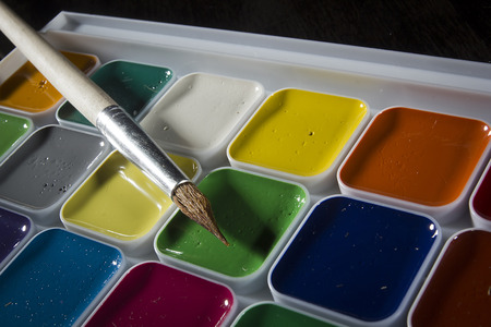 Multicolored watercolor paints in a white plastic box and tasselsの写真素材