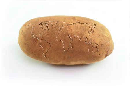 The world card is placed on a potato.