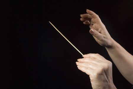 Female hands of an orchestra conductor on a black backgroundの写真素材