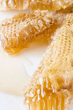 Pieces of honeycombs with organic honey on a white tableの写真素材