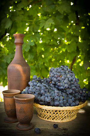 Wine in pottery and mellow blue grapes outdoorsの写真素材