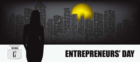 Female silhouette in front of the night city. Post card for event november day Entrepreneurs Day.のイラスト素材