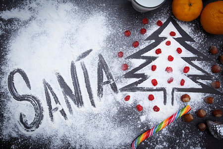Christmas background with Santa treat and Christmas tree toys