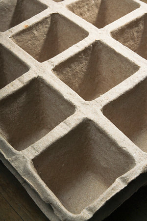 Disposable cardboard containers for seedlings close up on a wooden table