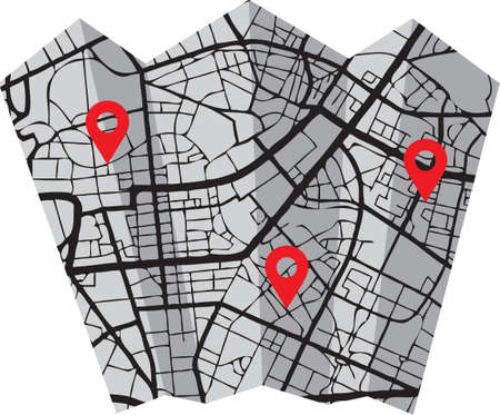 Map with roads and pointers folded like an accordion