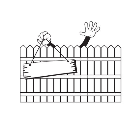 A wooden fence through which the neighbor waves all his fingers and holds a wooden sign in his handのイラスト素材