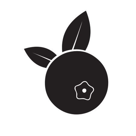 One ripe blueberry with two leaves. Vector silhouette illustration.のイラスト素材