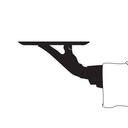 Waiter with an open empty tray and a towel on his hand.のイラスト素材