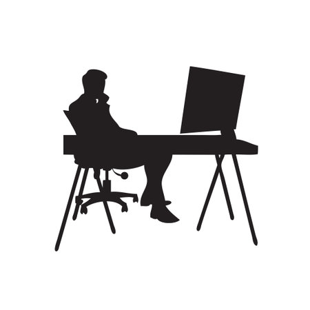 Businessman sits thinking at the computer. Vector illustration.のイラスト素材