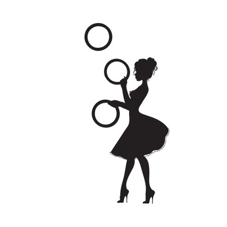 Young girl juggler juggles with three rings. Vector illustration.のイラスト素材