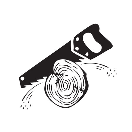 Sawing a log with a hand saw with sawdust flying out from under the saw blade.のイラスト素材