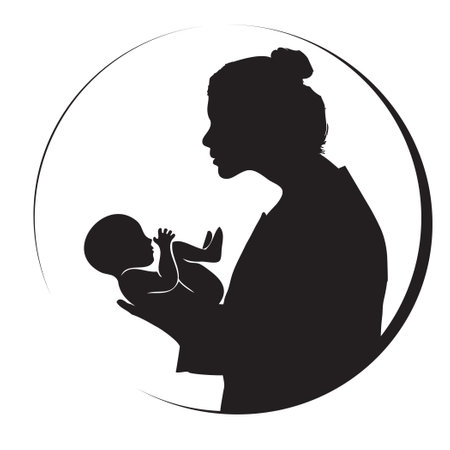 Symbol of a female midwife with a newborn in her arms. Vector illustration.のイラスト素材