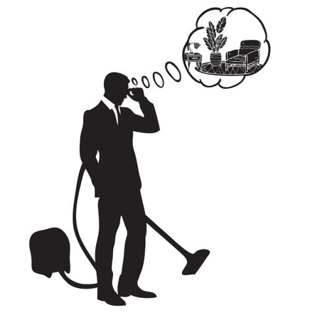 A man with a vacuum cleaner thinks about cleaning his room.のイラスト素材