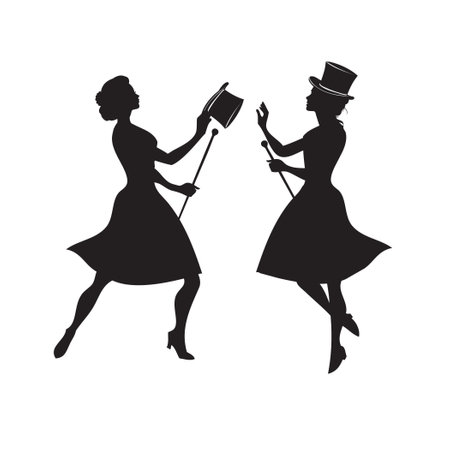 Two women with top hats and a cane dancing tap danceのイラスト素材