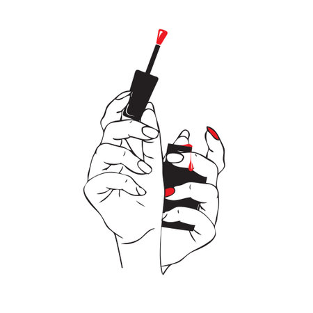 Paint your nails with varnish holding a brush in one hand and a bottle of red varnish in the otherのイラスト素材