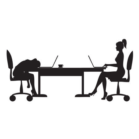 Two workaholic office workers at a table with computersのイラスト素材