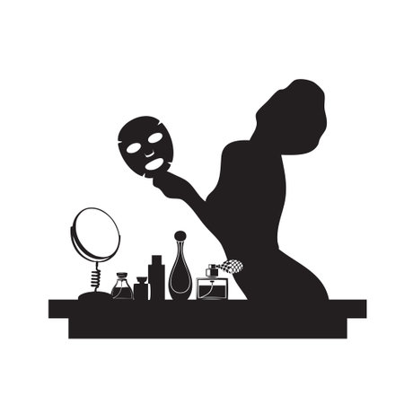 Woman with cosmetic facial mask in front of a table with perfumeryのイラスト素材