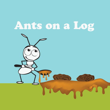 Poster illustrating a snack with the ingredients peanut butter, celery and raisins - Ants on a Logのイラスト素材