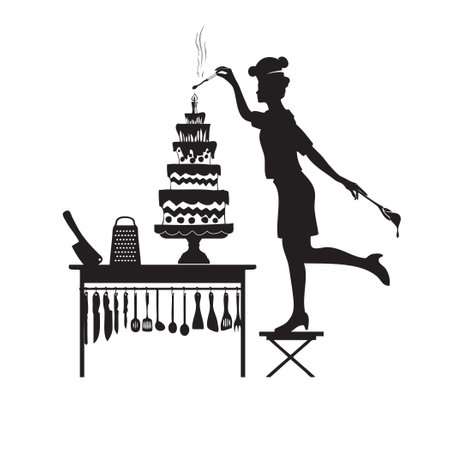 A woman cook in the kitchen prepares a cake.のイラスト素材