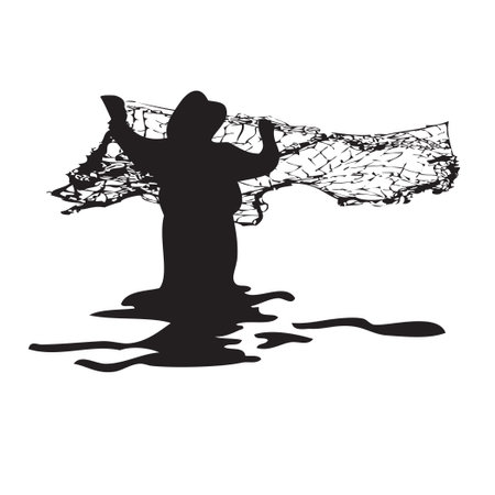 A fisherman is engaged in fishing throwing a fishing netのイラスト素材