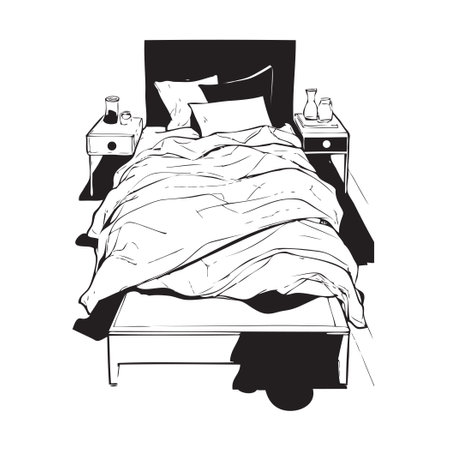 Vector illustration of a bed with scattered bed linen.のイラスト素材