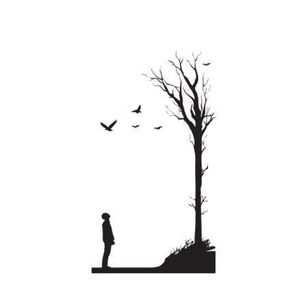 Illustration on an autumn theme. Little man and big treeのイラスト素材