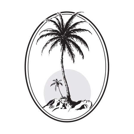 Small uninhabited island with a palm tree. Hand-drawn vector image without AI.のイラスト素材