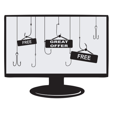 Fishing hooks on a monitor with tempting unsafe offersのイラスト素材