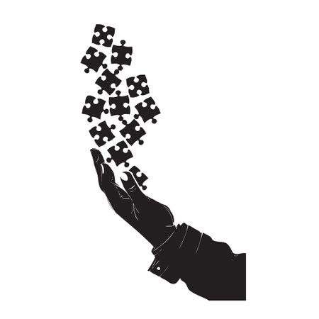 The hand threw up the elements of the puzzle. Hand-drawn vector image without AIのイラスト素材