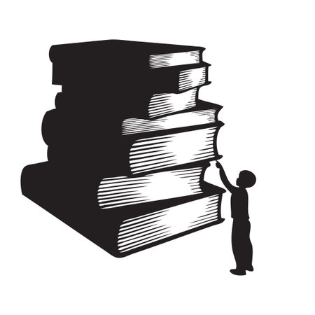 A child in front of a large stack of books. Vector illustration. Encourage your child to readのイラスト素材